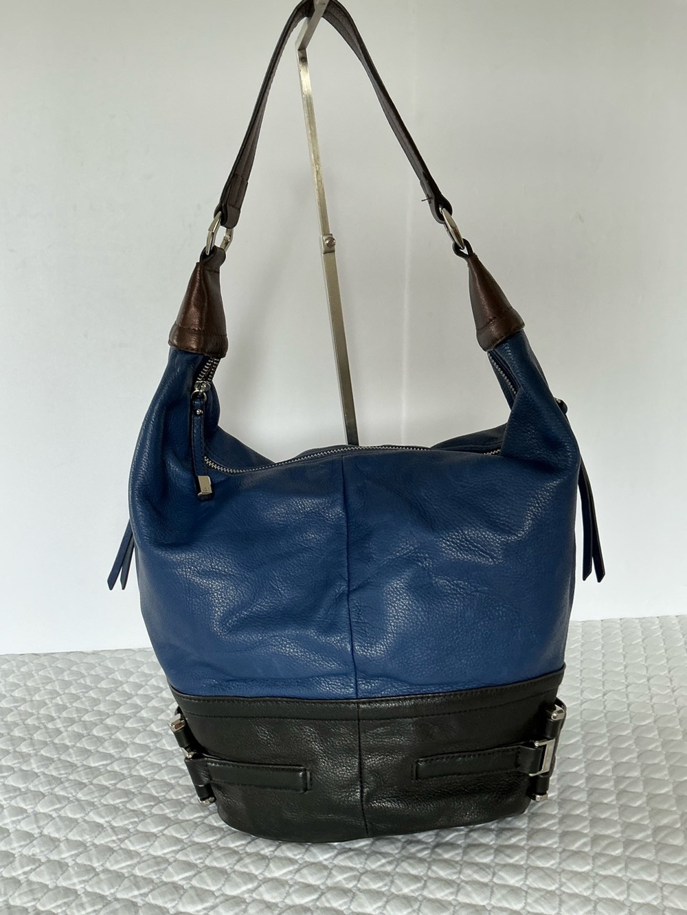 b. makowsky Blue, Black, Brown Pebble Leather Hobo Shoulder Bag